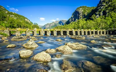 fiume, ponte di pietra, montagna, cielo, Terland Klopp, Fiume Eigersund, Rogaland, Norvegia