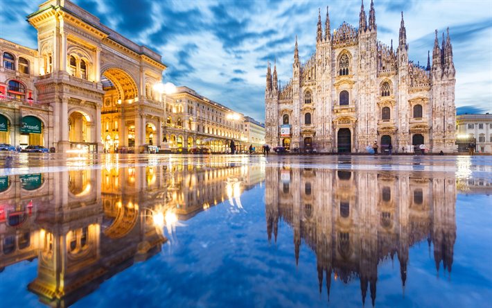 square, Cathedral of Milan, evening city, pools, Milan, Italy