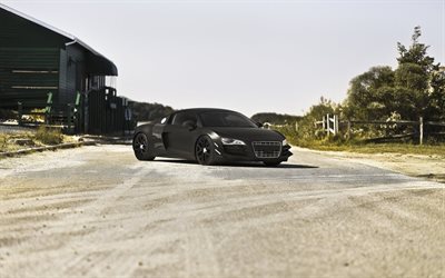 supercars, Audi R8, de optimización, de color negro mate r8, Audi