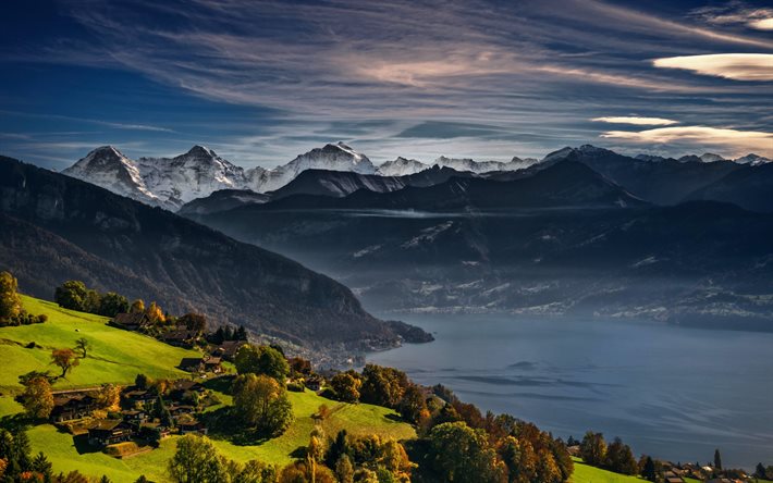 Summer, mountains, lake, Lake Thun, Thunersee, Bernese Oberland, Switzerland, Swiss Alps