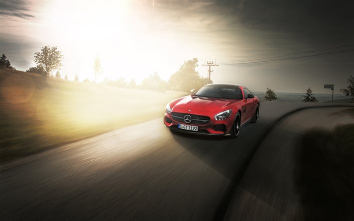 mercedes-amg gts, 2016, supercar, red gts, road, speed, mercedes