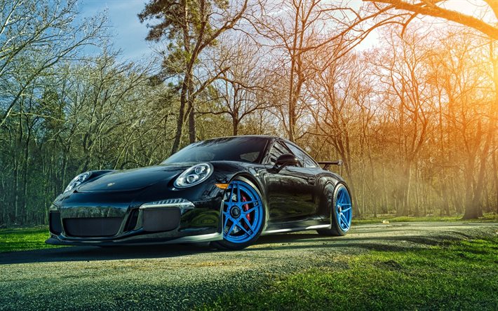 Porsche 911, el bosque, la afinación, supercars, negro 911, Porsche