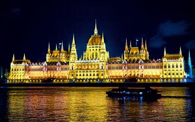 Budapest, río, barco, Edificio del Parlamento húngaro, la noche, Hungría