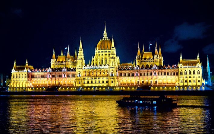 budapest, flod, skepp, ungerska parlamentsbyggnaden, natt, ungern