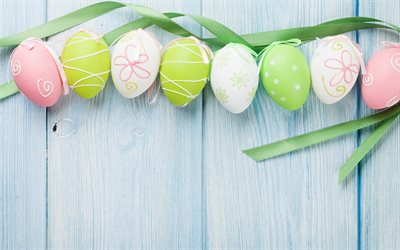 Easter, colorful eggs, easter eggs, spring, blue boards