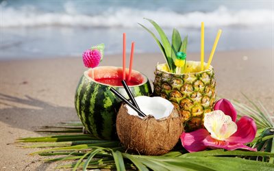 여름, 비치, 여름 칵테일, 해변에 칵테일, 과일, 코코넛, 수박, 파인애플
