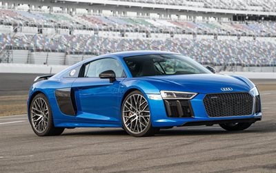 supercars, 2017, Audi R8, pista de carreras, azul audi, carretera