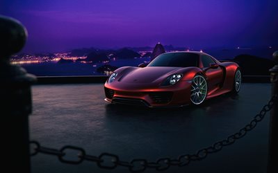 supercars, la noche, el Porsche 918, porsche rojo