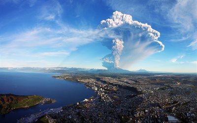 eruzione vulcanica, paesaggio urbano, montagna, Cile