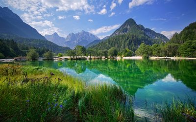 झील, पहाड़ों, गर्मी, वन, झील Jasna, Kranjska Gora, स्लोवेनिया, जूलियन आल्प्स