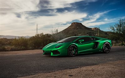 supercars, 2016, Lamborghini Aventador LP700-4, verde Aventador, Lamborghini, llantas en negro