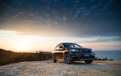 sunset, mountains, 2016, BMW X1, F49, crossovers, brown bmw