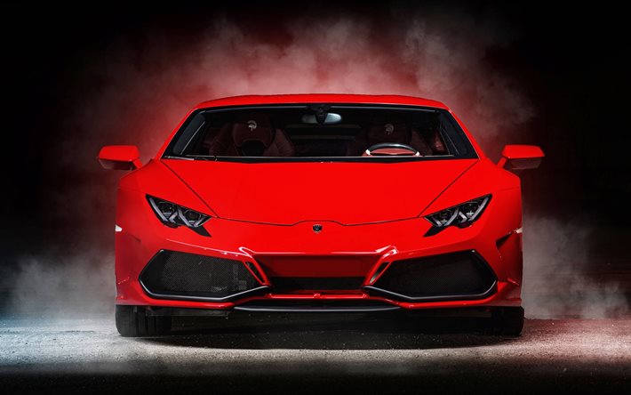 vista de frente, supercars, 2016, Lamborghini Huracan, LP610-4, humo, rojo huracan, sportcars
