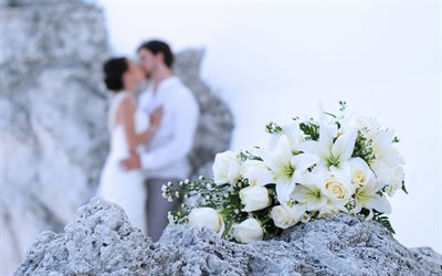 wedding, wedding couple, wedding bouquet, bouquet, bride, groom, rose, white rose
