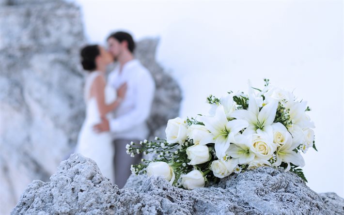 결혼식, 결혼 부부, 결혼식 꽃다발, 꽃다발, 부, 신랑, 미, white rose
