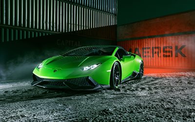 Lamborghini Huracan Spyder, 2016, tuning, Novitec Torado, night, supercars, containers, green Huracan