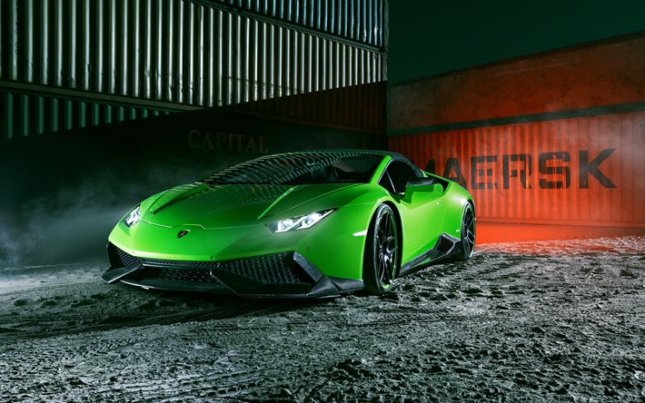 Lamborghini Huracan Spyder, 2016, tuning, Novitec Torado, notte, supercar, contenitori, verde Huracan