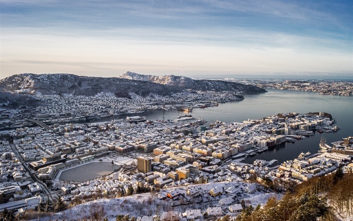 Bergen, inverno, panorama, edifici, Norvegia
