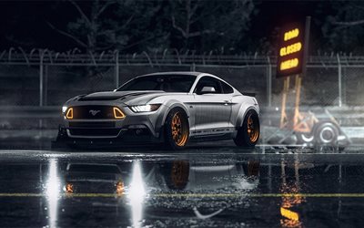Ford Mustang, 2016, tuning, supercar, notte, bianco mustang