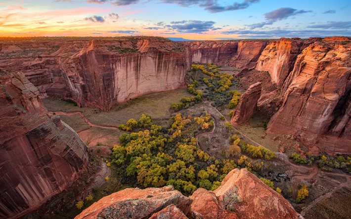 canyon de chelly national monument, öken, kanjon, klippor, solnedgång, usa, amerika