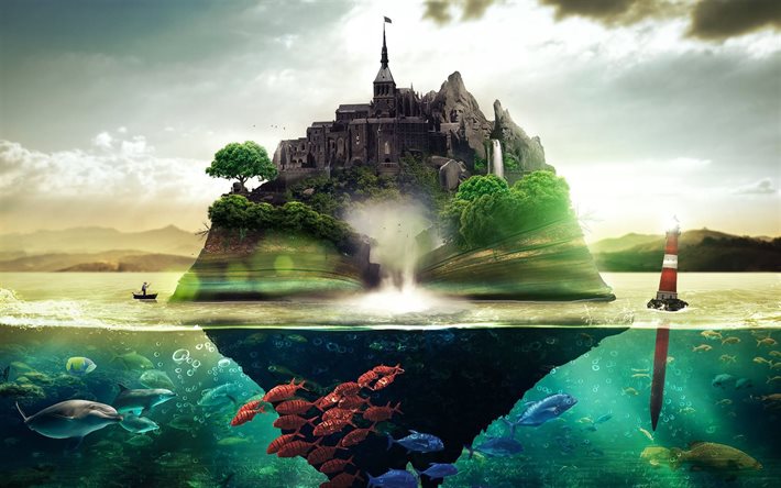 प्रकाशस्तंभ, द्वीप, महल, पानी के नीचे, दुनिया, मछली, नाव