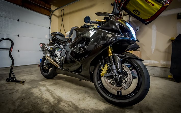suzuki gsx-r1000, superbikes, garage, svart suzuki