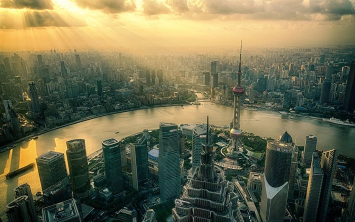shanghai, kvällsstad, metropol, skyskrapor, kina