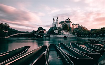 आर्बुर्ग महल, शरद ऋतु, झील, पुराना, महल, आर्बुर्ग, स्विट्जरलैंड, Aargau के केंटन