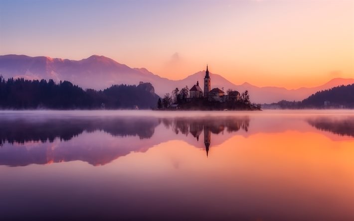 Slovenya, Bled Gölü, sabah, sis, sonbahar