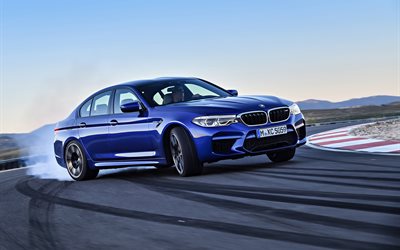 BMW M5, 2018, new m5, drift on BMW, sports version, racing track, blue m5, German cars, BMW