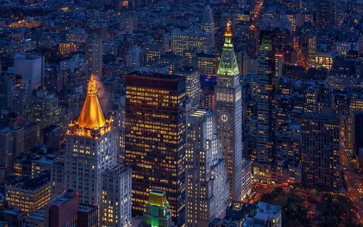 Nueva York, Manhattan, por la noche, metropolis, rascacielos, estados UNIDOS
