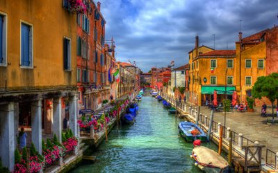 Italy, houses, canal, clouds, boats, HDR, Venice