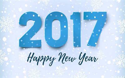 Feliz Nuevo Año 2017, copos de nieve, azul dígitos, navidad, Año Nuevo