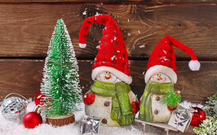 Yeni Yıl, 4k, kardan adam, Noel, Noel dekorasyon, x-mas ağacı
