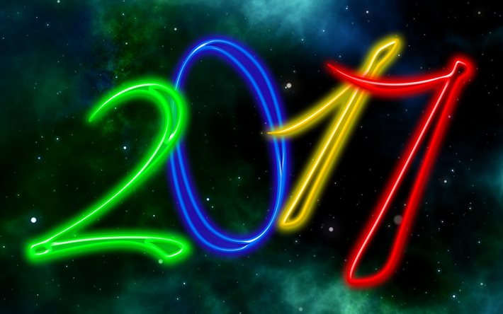 Bonne et heureuse Année 2017, nébuleuse, néon chiffres, Nouvel An