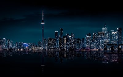 Toronto, rascacielos, edificios, skyline urbano, noche, Ontario, Canadá