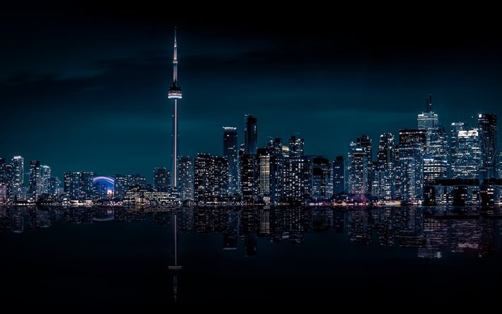 toronto, skyskrapor, byggnader, stadsbild, natt, ontario, kanada