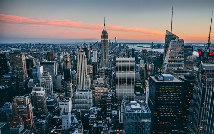 マンハッタン, 4k, 高層ビル群, 夕日, ニューヨーク, 米国, 米