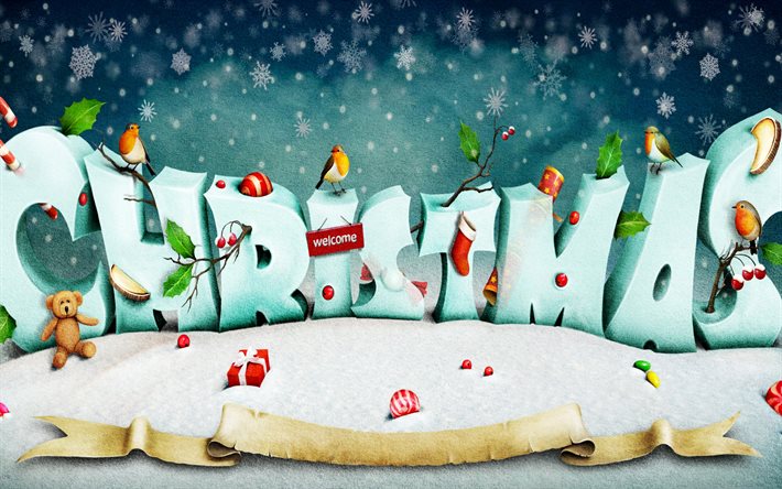 Christmas, 3d letters, New Year, forest, snow, Merry christmas, Happy New Year, xmas