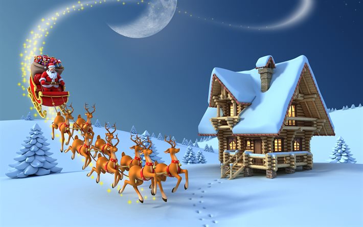 Christmas, Santa Claus, 4k, reindeer, Happy New Year, winter, Merry Christmas
