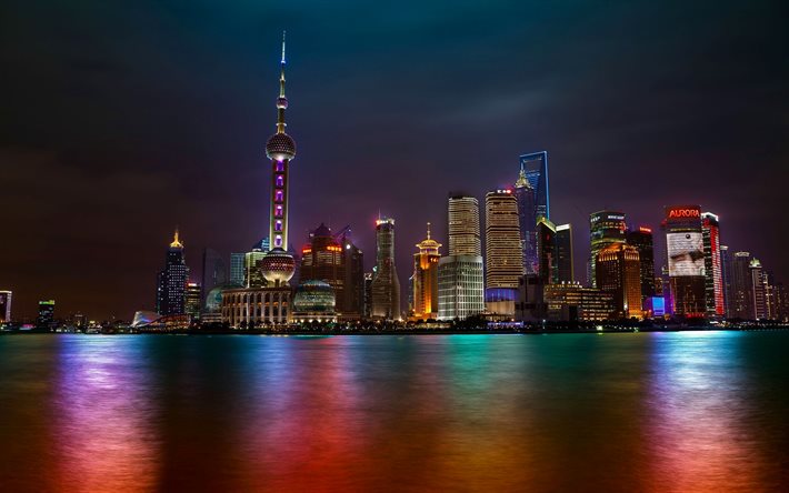 Oriental Pearl Tower, Shanghai, moderni edifici, grattacieli, torri, paesaggio urbano, notte, Cina