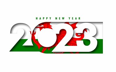 felice anno nuovo 2023 galles, sfondo bianco, galles, arte minima, concetti del galles del 2023, galles 2023, sfondo del galles del 2023, 2023 felice anno nuovo galles