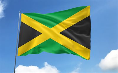 bandeira da jamaica no mastro, 4k, países da américa do norte, céu azul, bandeira da jamaica, bandeiras de cetim onduladas, bandeira jamaicana, símbolos nacionais jamaicanos, mastro com bandeiras, dia da jamaica, américa do norte, jamaica