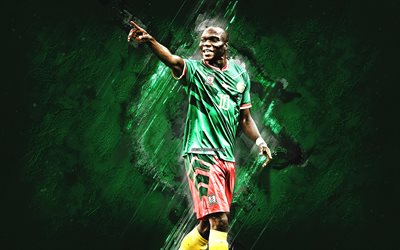 vincent aboubakar, kamerunische fußballnationalmannschaft, porträt, fußballer aus kamerun, nach vorne, grüner steinhintergrund, kamerun, katar 2022, fußball