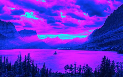세인트 메리 레이크, 4k, 추상 미술, 산들, 추상적인 풍경, 글레이셔 국립공원, 사이버펑크, 미국