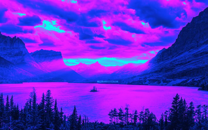 st mary lake, 4k, abstrakti taide, vuoret, abstrakteja maisemia, glacierin kansallispuisto, kyberpunk, usa, amerikka