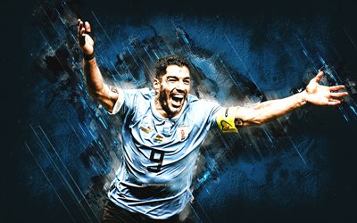 Luis Suarez, Uruguay national football team, portrait, Qatar 2022, Uruguayan football player, blue stone background, football