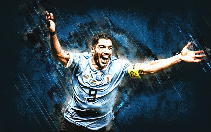 luis suarez, uruguayn jalkapallomaajoukkue, muotokuva, qatar 2022, uruguaylainen jalkapalloilija, sininen kivi tausta, jalkapallo