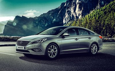 Hyundai Sonata, 4k, parking, 2016 cars, HDR, Silver Hyundai Sonata, 2016 Hyundai Sonata, korean cars, Hyundai