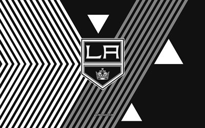 logotipo de los ángeles kings, 4k, equipo de hockey americano, fondo de líneas blancas negras, los ángeles reyes, nhl, eeuu, arte lineal, emblema de los reyes de los ángeles, hockey